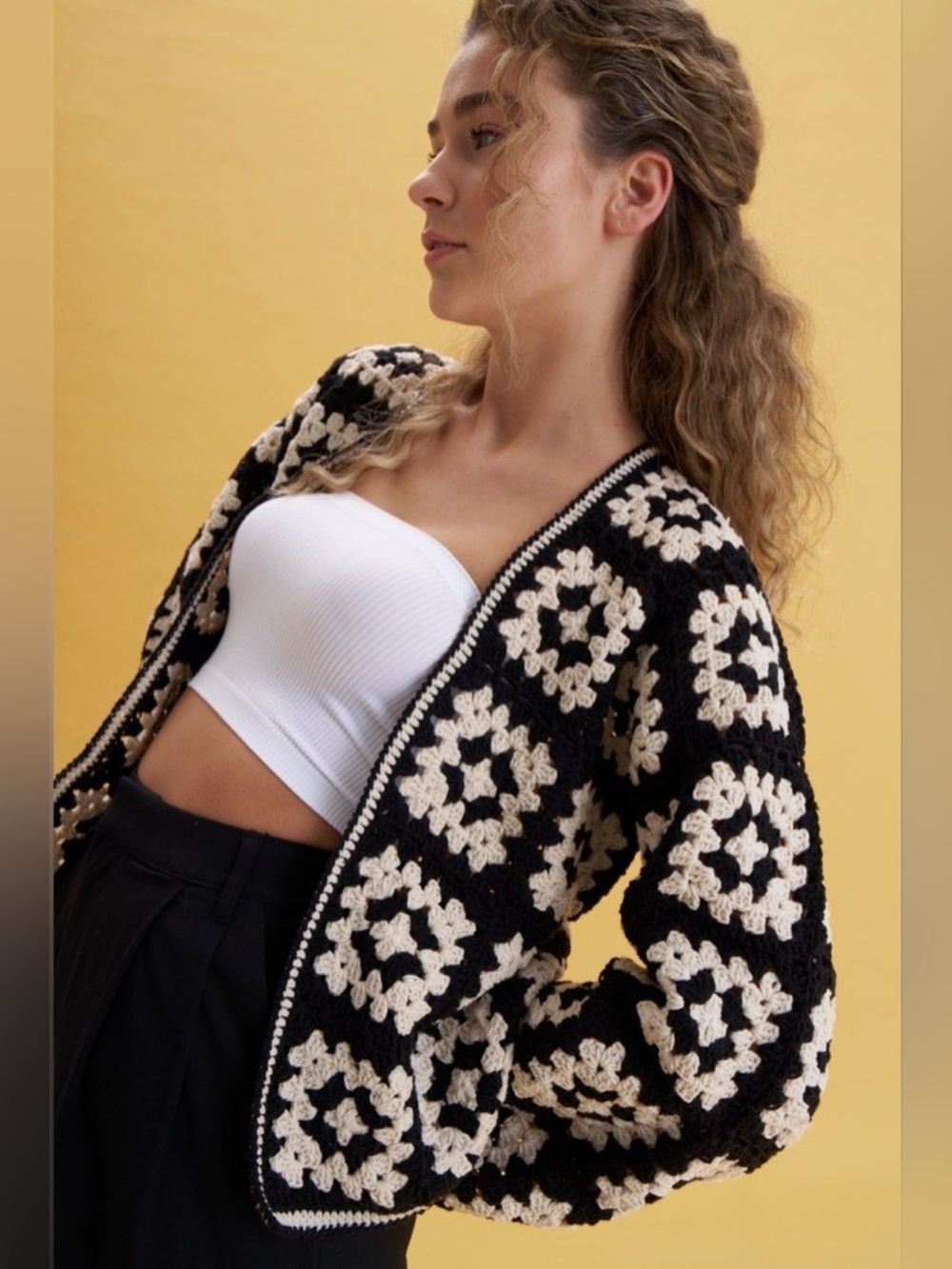 Society Mano Black and Beige Granny Square Cardigan - Picture 4 of 8